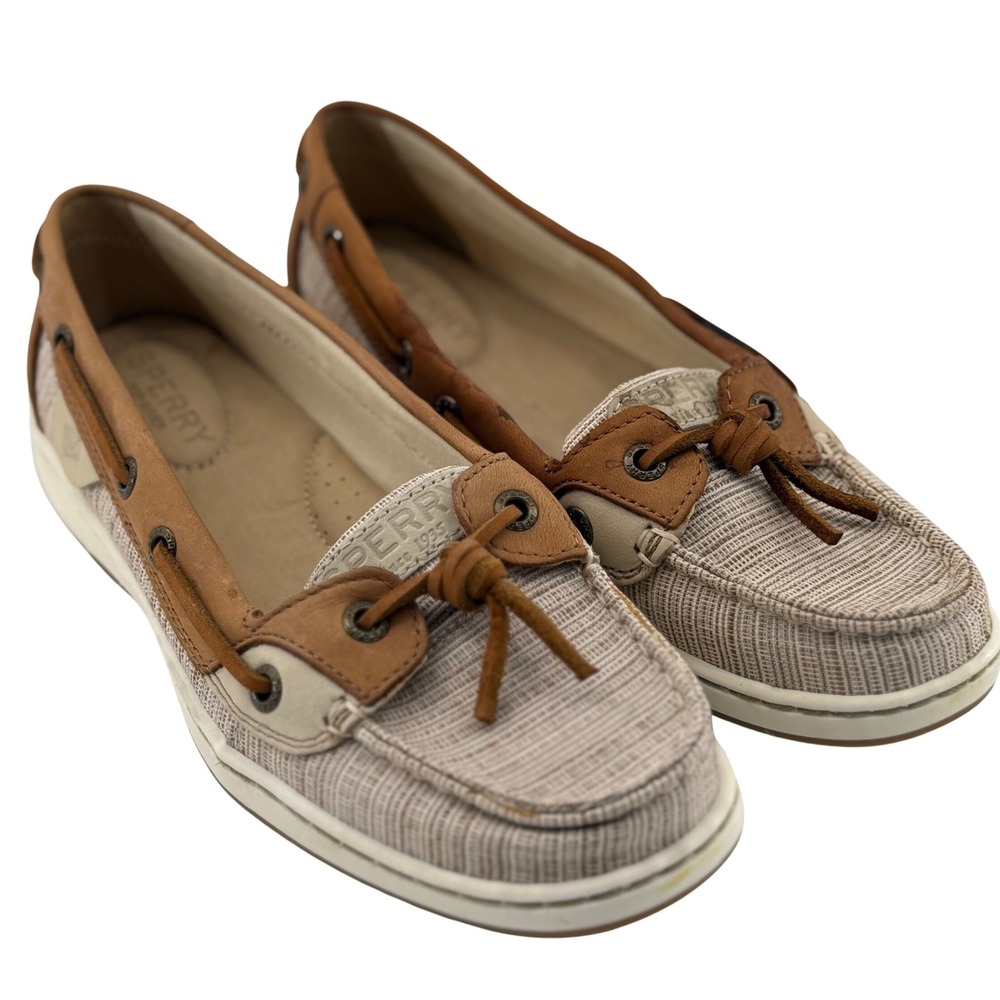 Sperry 6.5 Angelfish Boat Shoes Beige Leather Fabric STS99201 Nautical Loafers